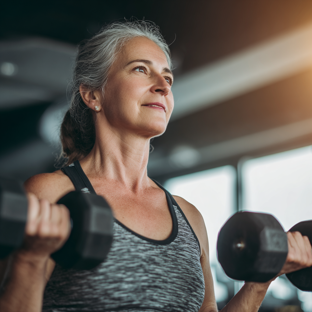 50 years old woman doing strength training with dumbbells in modern gym