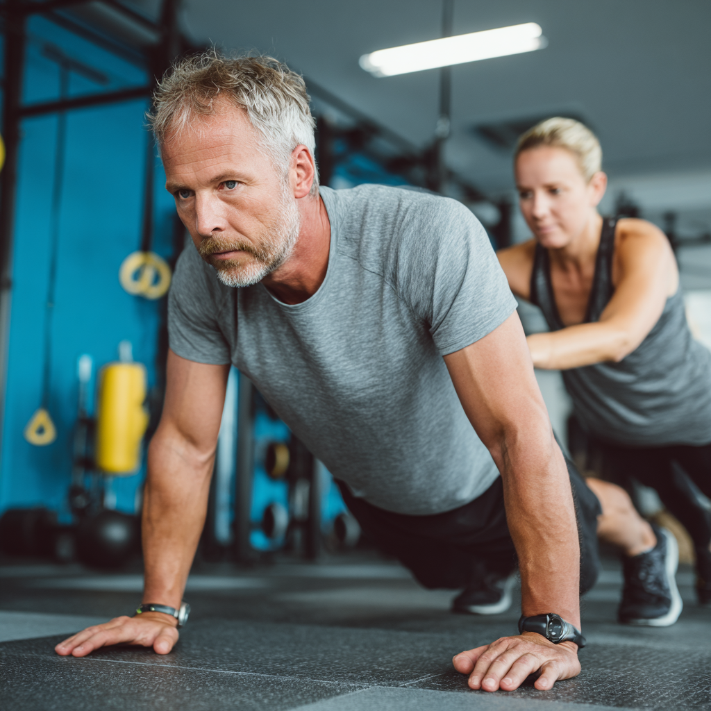 51 years old man doing functional exercises with trainer guidance in bright fitness studio