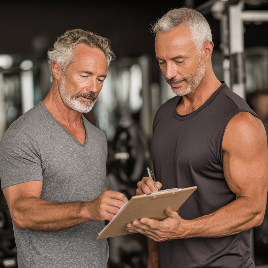Professional 53 years old fitness trainer consulting with 50 years old client about personalized workout plan